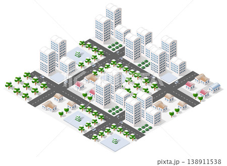 Modern isometric city center covered with snow during winter 138911538