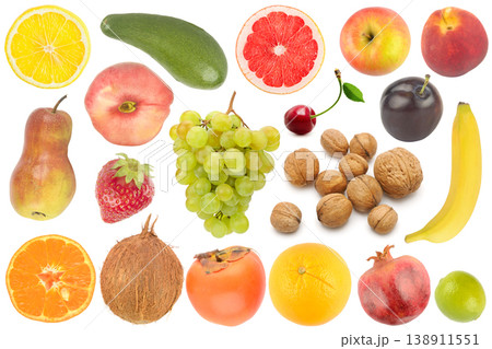 Professional high-resolution studio photograph featuring a vibrant assortment of fresh ripe fruits and nuts isolated on a clean white background with ample copy space for design projects. 138911551
