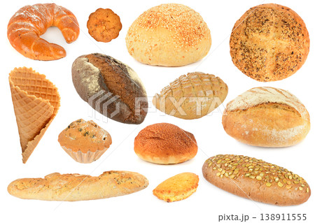 Different bread products made of wheat and rye isolated on white 138911555