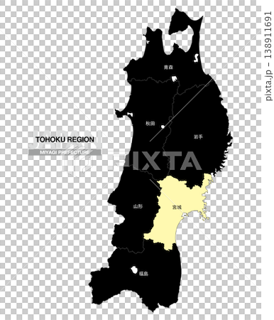 [Map of Japan] Location map of Miyagi Prefecture in the Tohoku region, including the prefecture name. 138911691