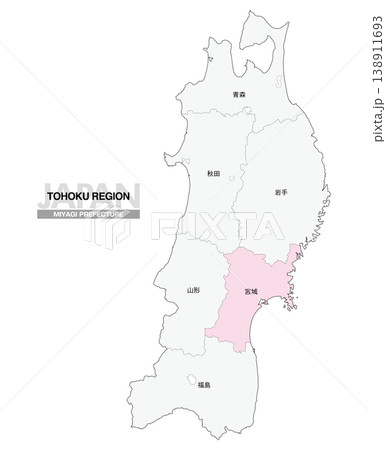 [日本地図] 東北地方の宮城県の県名入り位置地図 138911693