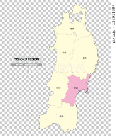【日本地圖】東北地區宮城縣位置圖，包括縣名。 138911697