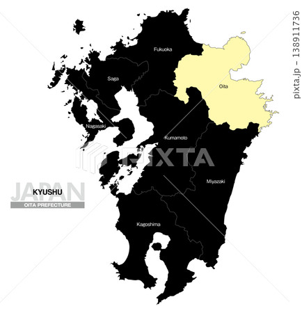 [日本地図] 九州の大分県の県名入り位置地図 (英語) 138911736