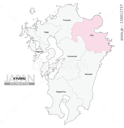 [日本地図] 九州の大分県の県名入り位置地図 (英語) 138911737