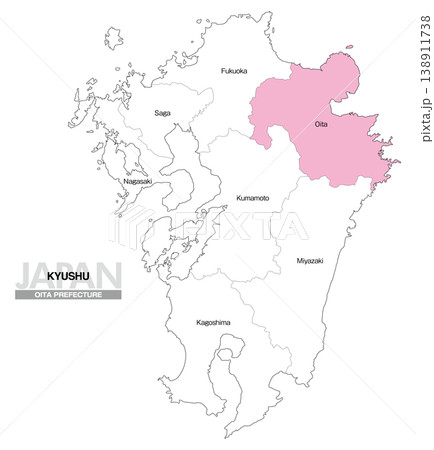 [日本地図] 九州の大分県の県名入り位置地図 (英語) 138911738