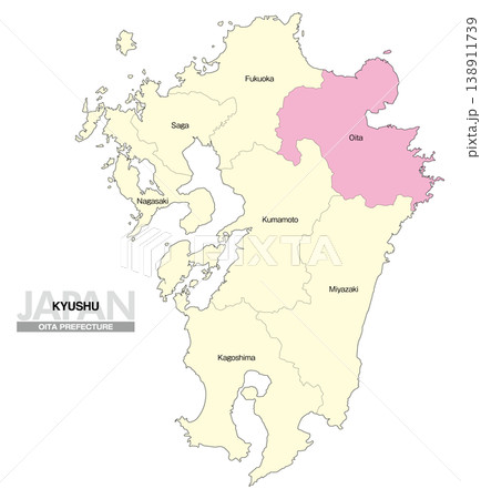 [日本地図] 九州の大分県の県名入り位置地図 (英語) 138911739