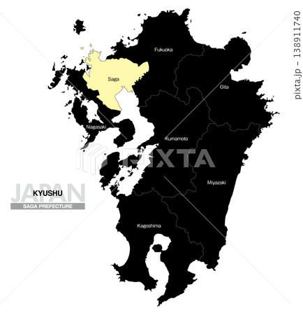 [日本地図] 九州の佐賀県の県名入り位置地図 (英語) 138911740