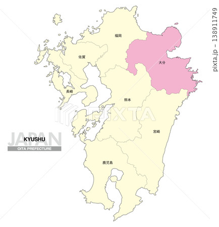 [日本地図] 九州の大分県の県名入り位置地図 138911749