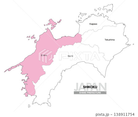 [日本地図] 四国の愛媛県の県名入り位置地図 (英語) 138911754