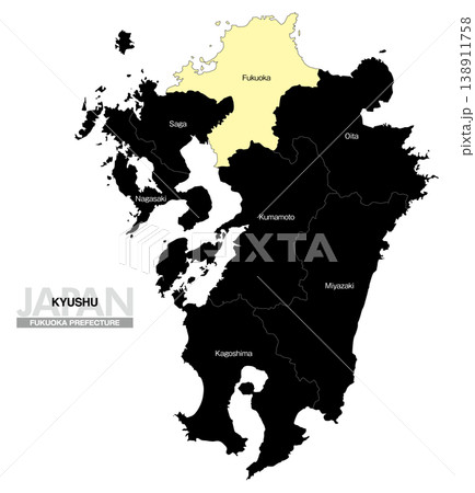 [日本地図] 九州の福岡県の県名入り位置地図 (英語) 138911758
