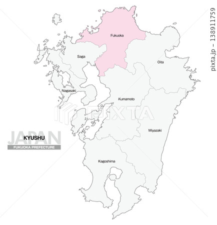 [日本地図] 九州の福岡県の県名入り位置地図 (英語) 138911759