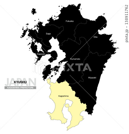 [日本地図] 九州の鹿児島県の県名入り位置地図 (英語) 138911762