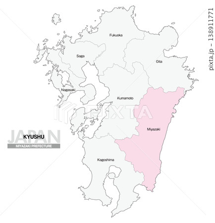 [日本地図] 九州の宮崎県の県名入り位置地図 (英語) 138911771