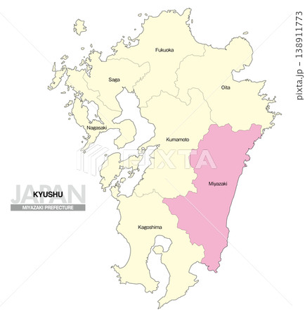 [日本地図] 九州の宮崎県の県名入り位置地図 (英語) 138911773