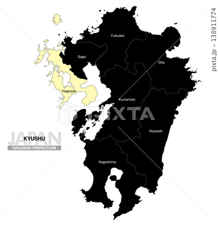 [日本地図] 九州の長崎県の県名入り位置地図 (英語) 138911774