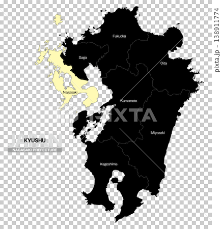 [日本地図] 九州の長崎県の県名入り位置地図 (英語) 138911774