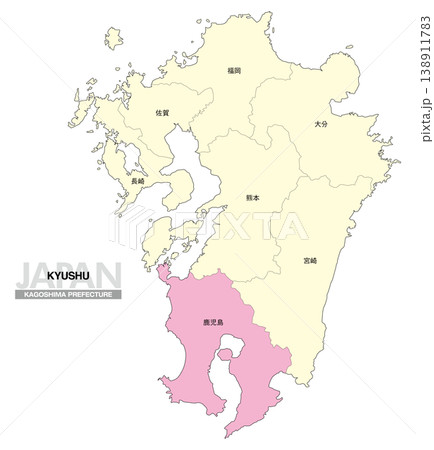 [日本地図] 九州の鹿児島県の県名入り位置地図 138911783