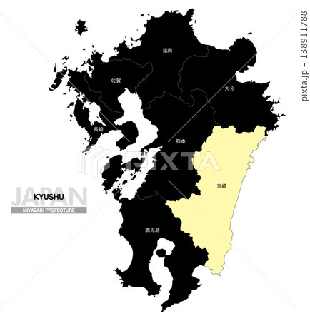 [日本地図] 九州の宮崎県の県名入り位置地図 138911788