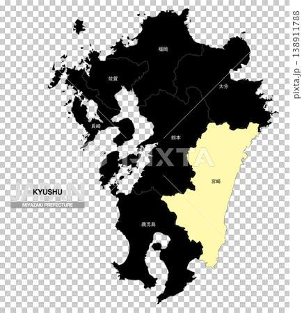 [日本地図] 九州の宮崎県の県名入り位置地図 138911788