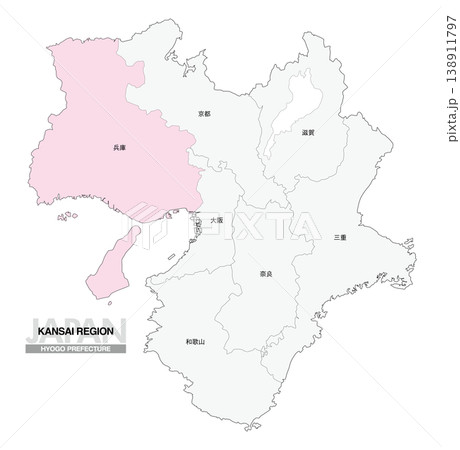 [日本地図] 関西地方 兵庫県の府県名入り位置地図 138911797