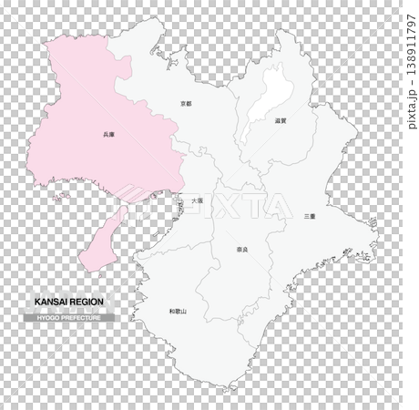 [日本地図] 関西地方 兵庫県の府県名入り位置地図 138911797