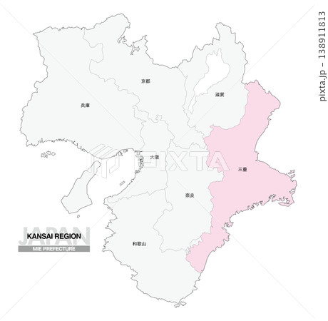 [日本地図] 関西地方 三重県の府県名入り位置地図 138911813