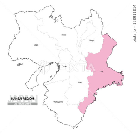 [日本地図] 関西地方 三重県の府県名入り位置地図 (英語) 138911814