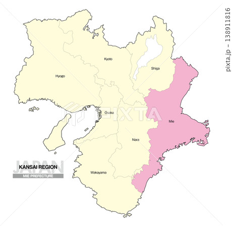 [日本地図] 関西地方 三重県の府県名入り位置地図 (英語) 138911816