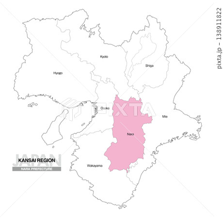 [日本地図] 関西地方 奈良県の府県名入り位置地図 (英語) 138911822