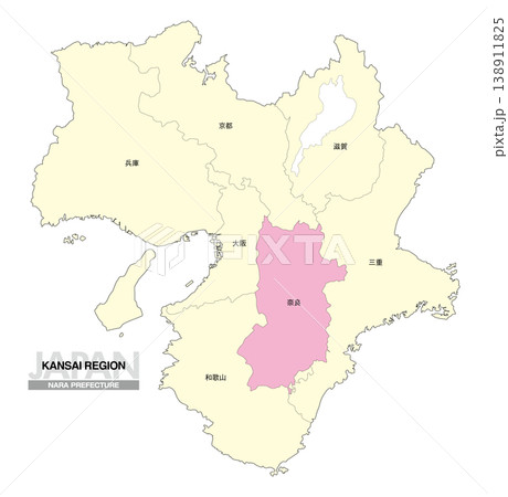 [日本地図] 関西地方 奈良県の府県名入り位置地図 138911825