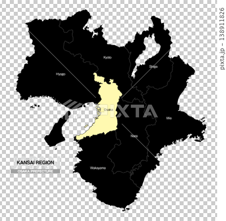 [日本地図] 関西地方の大阪府の府県名入り位置地図 (英語) 138911826
