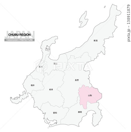 [日本地図] 中部地方の山梨県の県名入り位置地図 138911879