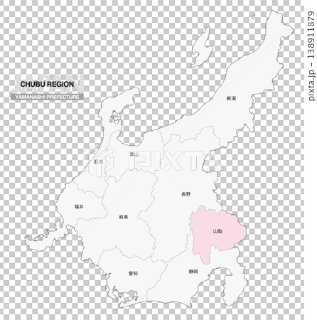 [日本地図] 中部地方の山梨県の県名入り位置地図 138911879