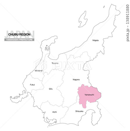 [日本地図] 中部地方の山梨県の県名入り位置地図 (英語) 138911880