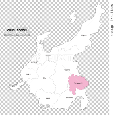 [日本地図] 中部地方の山梨県の県名入り位置地図 (英語) 138911880