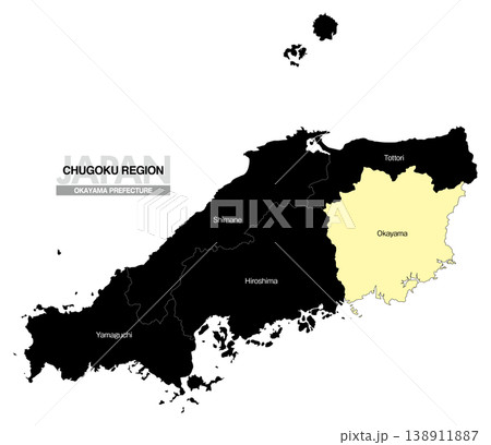 [日本地図] 中国地方の岡山県の県名入り位置地図 (英語) 138911887