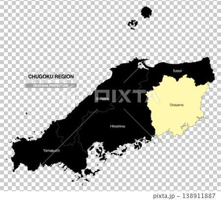 [日本地図] 中国地方の岡山県の県名入り位置地図 (英語) 138911887