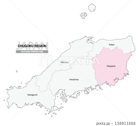 [日本地図] 中国地方の岡山県の県名入り位置地図 (英語) 138911888