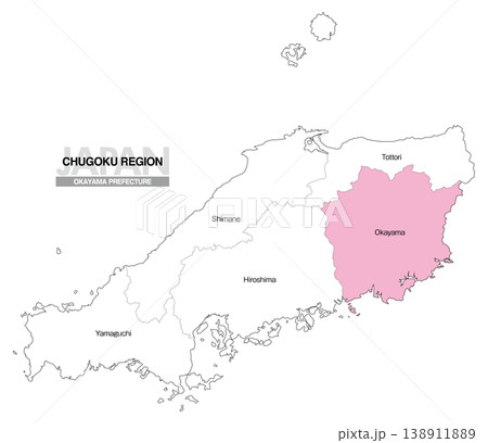 [日本地図] 中国地方の岡山県の県名入り位置地図 (英語) 138911889