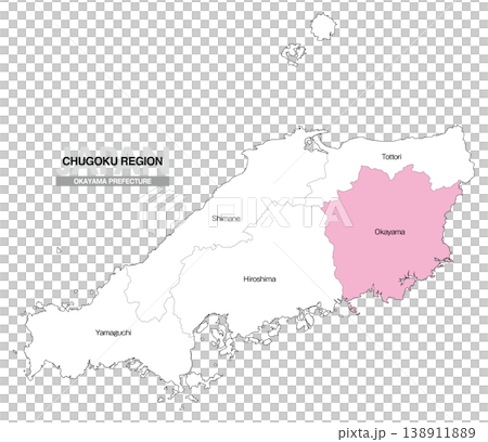 [日本地図] 中国地方の岡山県の県名入り位置地図 (英語) 138911889