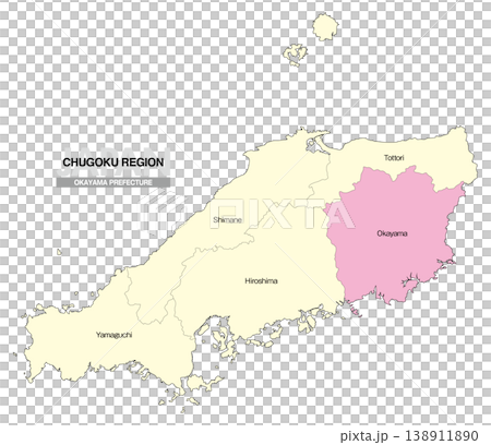 [日本地図] 中国地方の岡山県の県名入り位置地図 (英語) 138911890