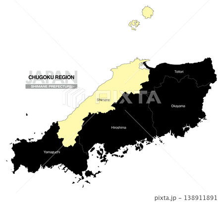 [日本地図] 中国地方の島根県の県名入り位置地図 (英語) 138911891