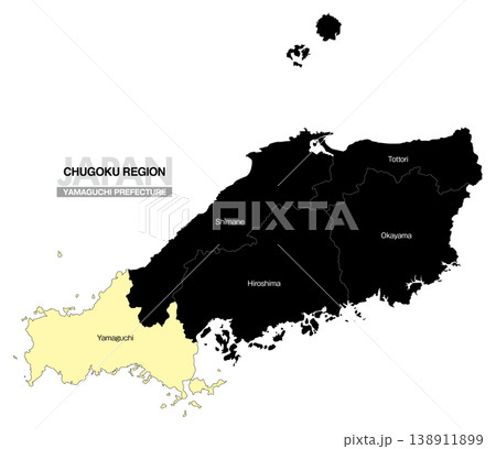 [日本地図] 中国地方の山口県の県名入り位置地図 (英語) 138911899
