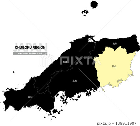 [日本地図] 中国地方の岡山県の県名入り位置地図 138911907