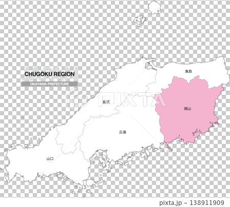 [日本地図] 中国地方の岡山県の県名入り位置地図 138911909