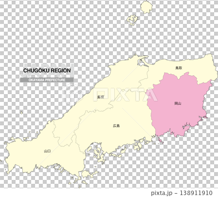 [日本地図] 中国地方の岡山県の県名入り位置地図 138911910