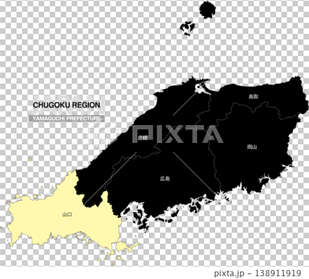 [日本地図] 中国地方の山口県の県名入り位置地図 138911919