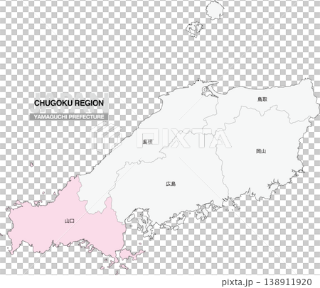 [日本地図] 中国地方の山口県の県名入り位置地図 138911920