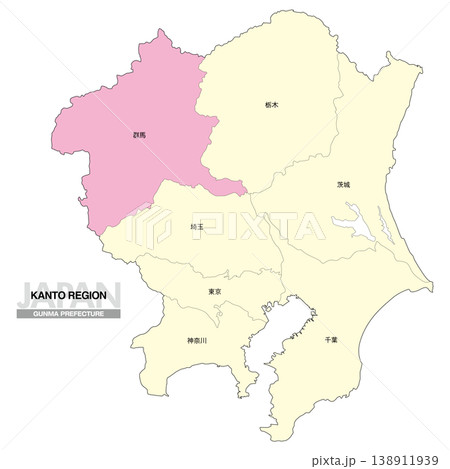 [日本地図] 関東地方の群馬県の都県名入り位置地図 138911939