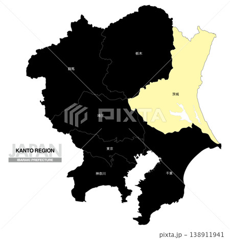 [日本地図] 関東地方の茨城県の都県名入り位置地図 138911941